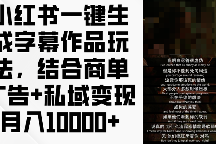 小红书一键生成字幕作品玩法，结合商单广告+私域变现月入10000+四海领钱-网创-知识付费-网创项目资源站-副业项目-创业项目-搞钱项目四海领钱