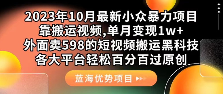 外面卖598的10月最新短视频搬运黑科技，各大平台百分百过原创 靠搬运月入1w四海领钱-网创-知识付费-网创项目资源站-副业项目-创业项目-搞钱项目四海领钱