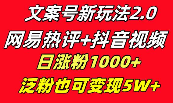 文案号新玩法 网易热评+抖音文案 一天涨粉1000+ 多种变现模式 泛粉也可变现四海领钱-网创-知识付费-网创项目资源站-副业项目-创业项目-搞钱项目四海领钱