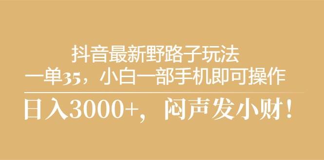 抖音最新野路子玩法，一单35，小白一部手机即可操作，，日入3000+，闷…四海领钱-网创-知识付费-网创项目资源站-副业项目-创业项目-搞钱项目四海领钱