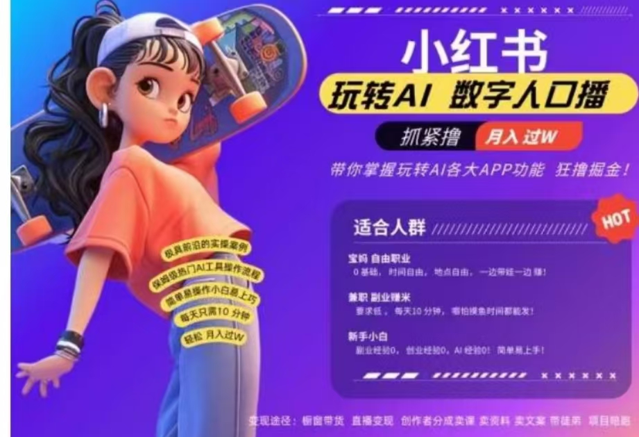 小红书数字人暴力起号，AI改写文案，流量火爆月入破W轻松拿捏，再也不用费劲录口播四海领钱-网创-知识付费-网创项目资源站-副业项目-创业项目-搞钱项目四海领钱