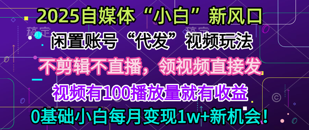 2025每月躺赚5w+新机会，闲置视频账号一键代发玩法，0粉不实名不剪辑，领了视频直接发，0基础小白也能日入300+四海领钱-网创-知识付费-网创项目资源站-副业项目-创业项目-搞钱项目四海领钱