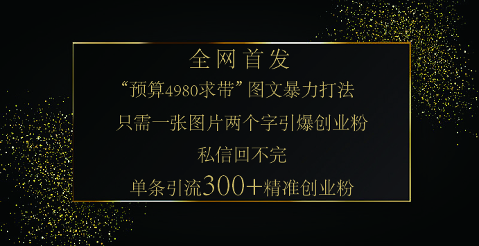 小红书，“预算 4980 带我飞” 的神奇图片引流法，堪称涨粉核武器！只需一张图，就能单条笔记凭借此方法，轻松引流 300 + 精准创业粉！四海领钱-网创-知识付费-网创项目资源站-副业项目-创业项目-搞钱项目四海领钱