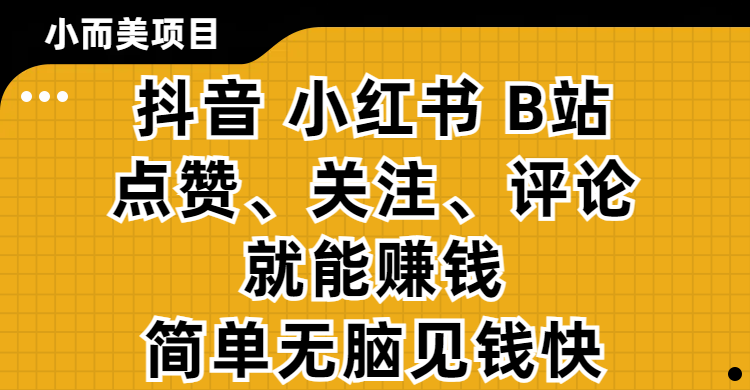 小而美的项目，抖音、小红书、B站视频点赞、关注、评论就能赚钱，简单无脑立见收益！妥妥的零撸项目四海领钱-网创-知识付费-网创项目资源站-副业项目-创业项目-搞钱项目四海领钱