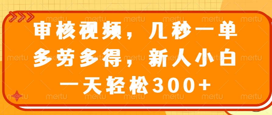 视频审核员，几秒一单，多劳多得，新人小白一天轻松300+四海领钱-网创-知识付费-网创项目资源站-副业项目-创业项目-搞钱项目四海领钱